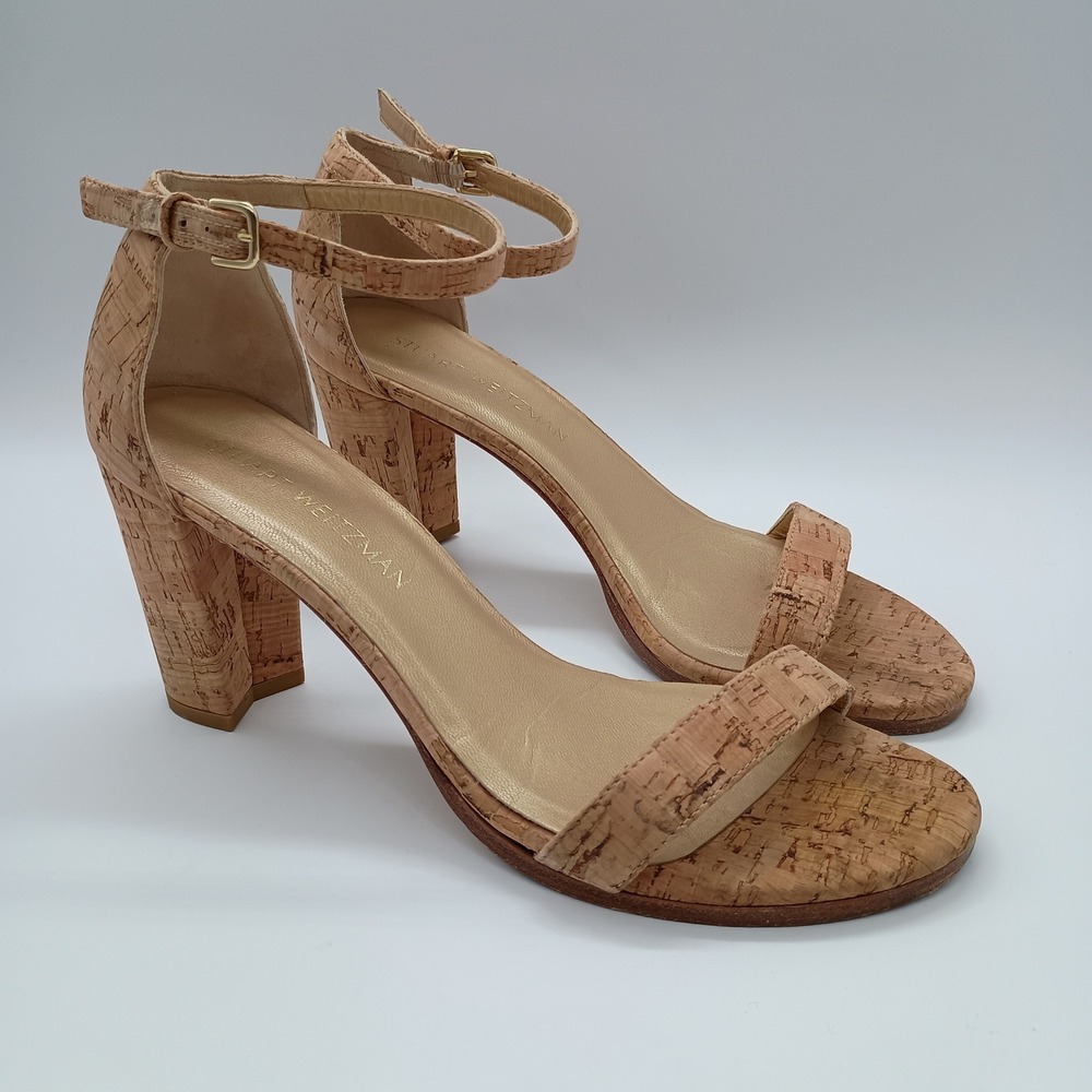 Stuart Weitzman Nearlynude Cork Block Heel Sandals Womens 9.5 Tan‎ Ankle Strap